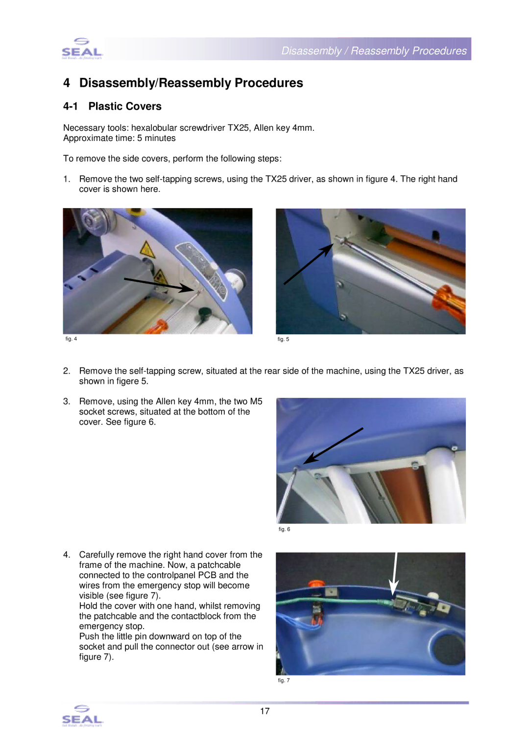 SEAL SM110EN, 44Ultra Laminator service manual Disassembly/Reassembly Procedures, Plastic Covers 