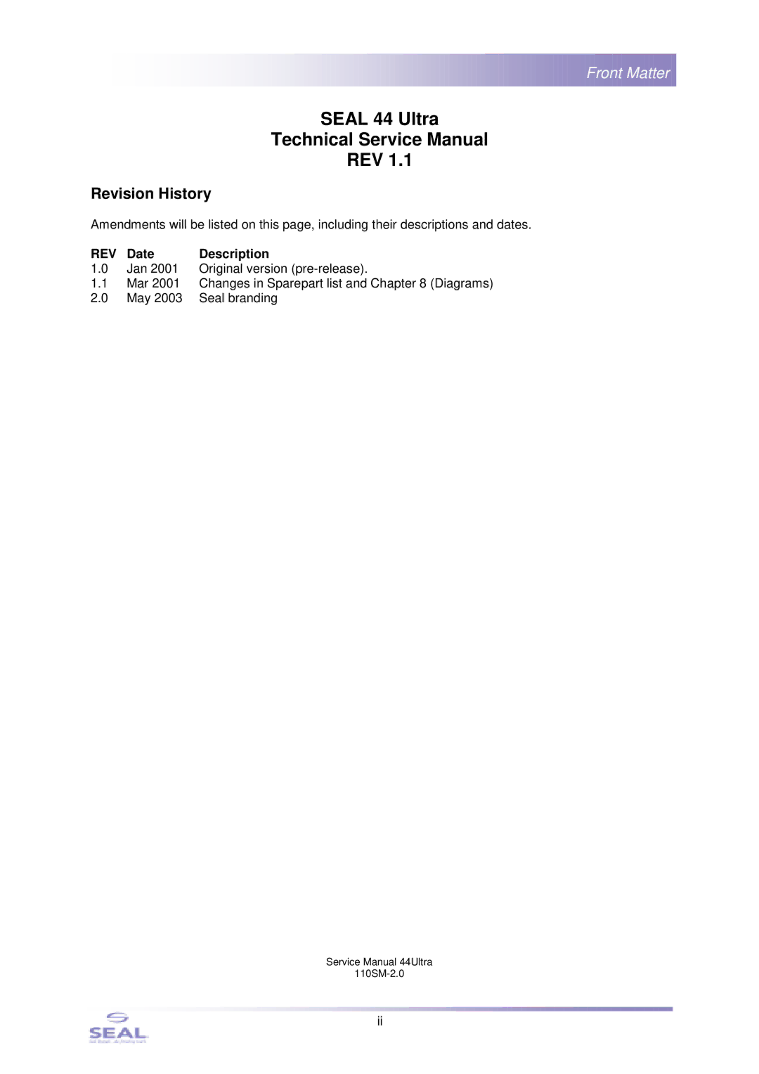 SEAL SM110EN, 44Ultra Laminator service manual Seal 44 Ultra REV, Revision History, REV Date Description 