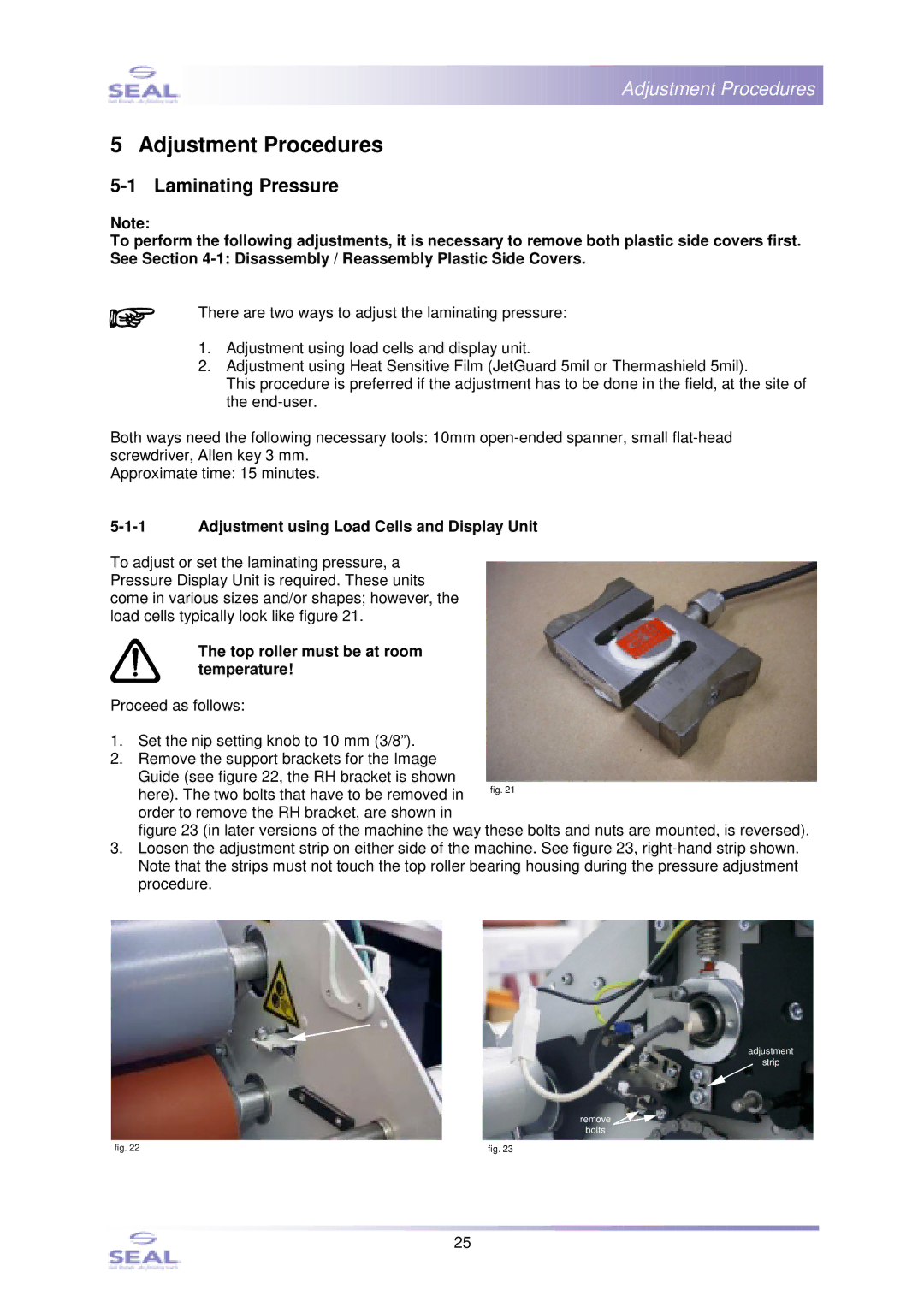 SEAL SM110EN, 44Ultra Laminator Adjustment Procedures, Laminating Pressure, Adjustment using Load Cells and Display Unit 