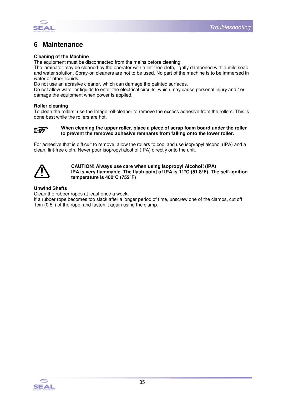 SEAL SM110EN, 44Ultra Laminator service manual Maintenance, Cleaning of the Machine, Roller cleaning 