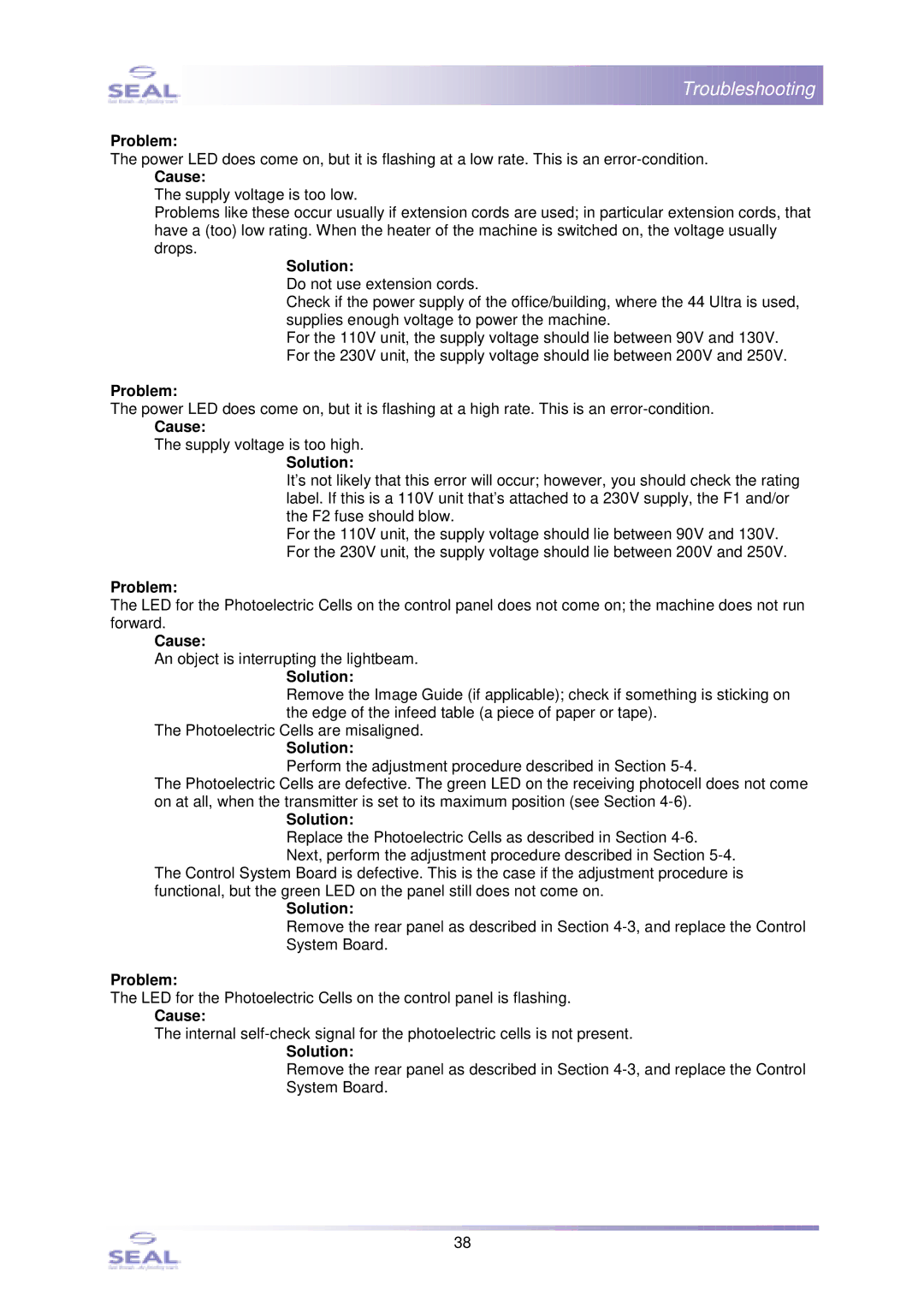 SEAL 44Ultra Laminator, SM110EN service manual Cause 