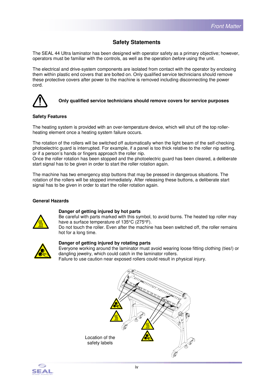 SEAL SM110EN, 44Ultra Laminator service manual Safety Statements, General Hazards 