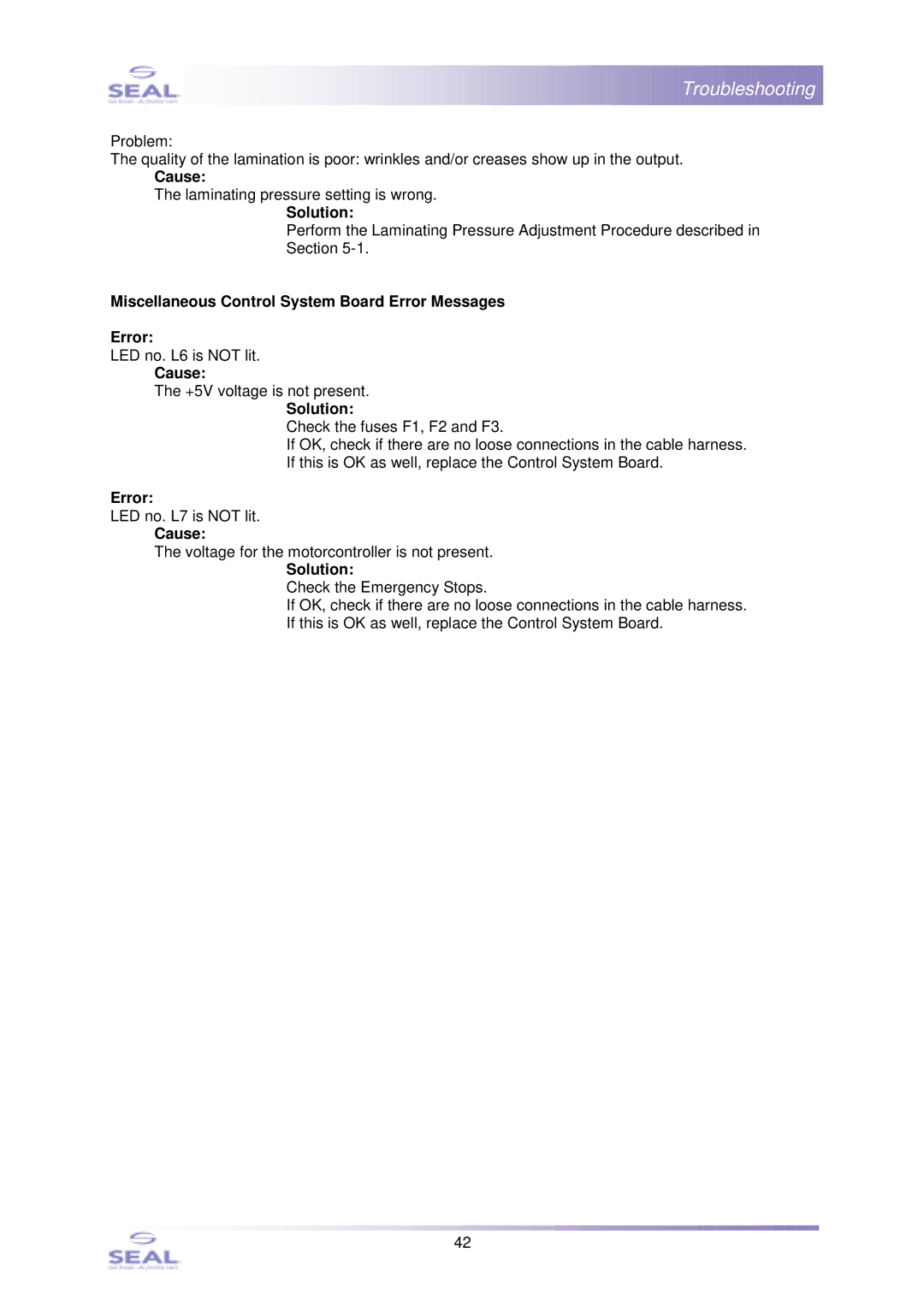 SEAL 44Ultra Laminator, SM110EN service manual Miscellaneous Control System Board Error Messages 