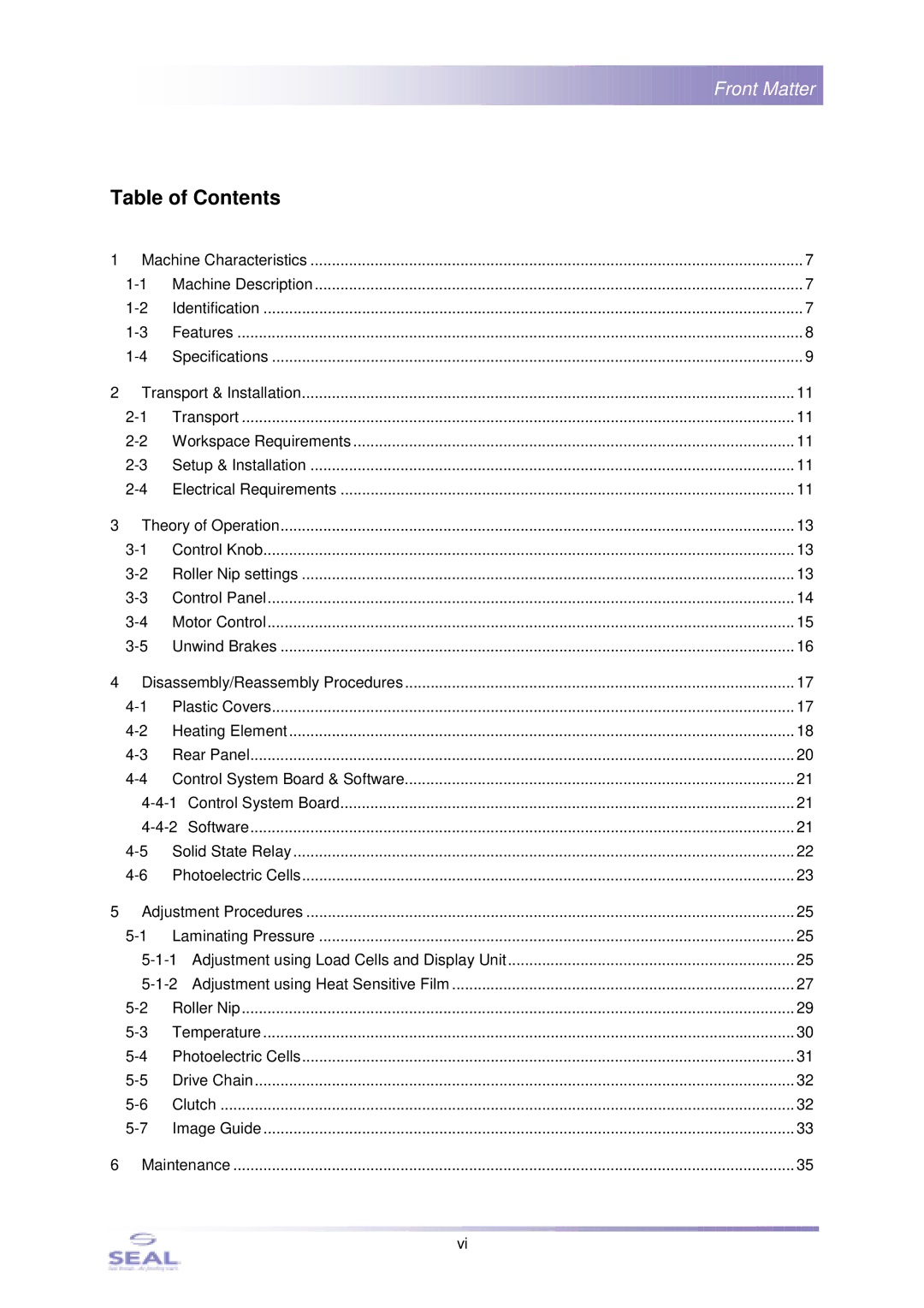 SEAL SM110EN, 44Ultra Laminator service manual Table of Contents 