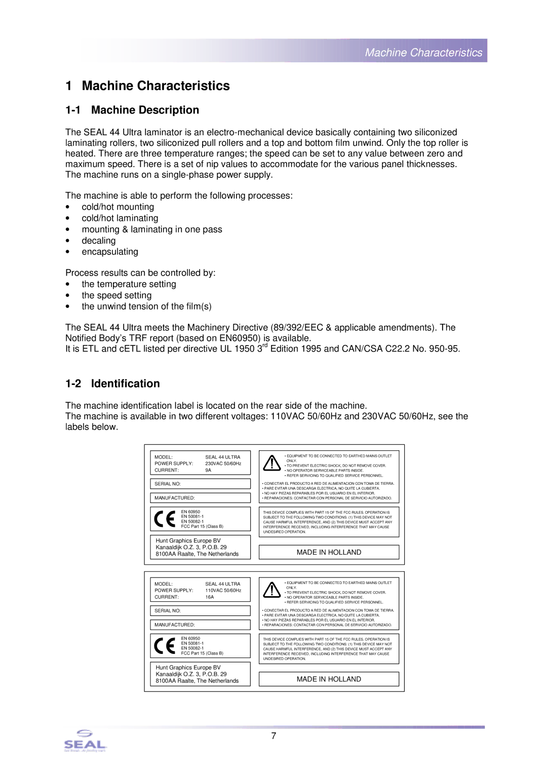 SEAL SM110EN, 44Ultra Laminator service manual Machine Characteristics, Machine Description, Identification 