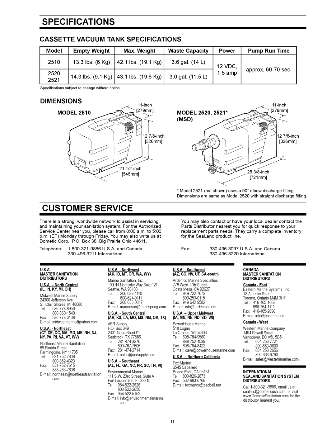 SeaLand 1 2500 Series owner manual Specifications, Customer Service, Model Model 2520, Msd 