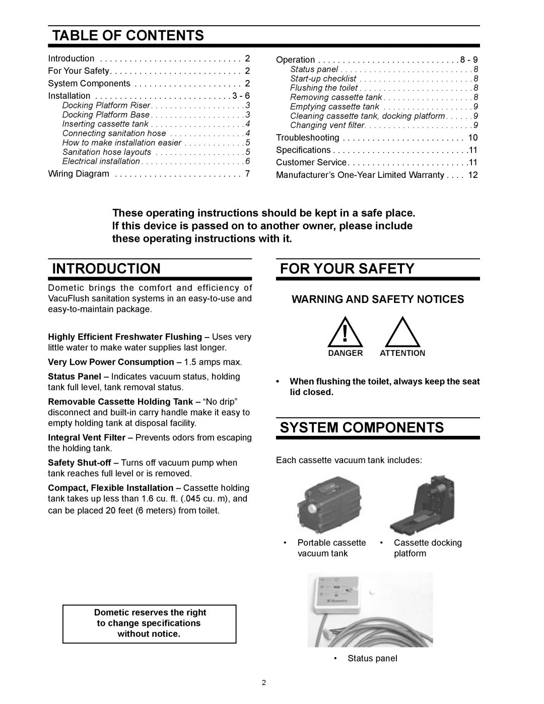 SeaLand 1 2500 Series owner manual Table of Contents, Introduction, For Your Safety, System Components 