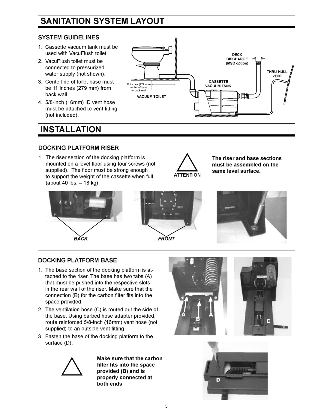 SeaLand 1 2500 Series owner manual Sanitation System Layout, Installation, System Guidelines, Docking Platform Riser 