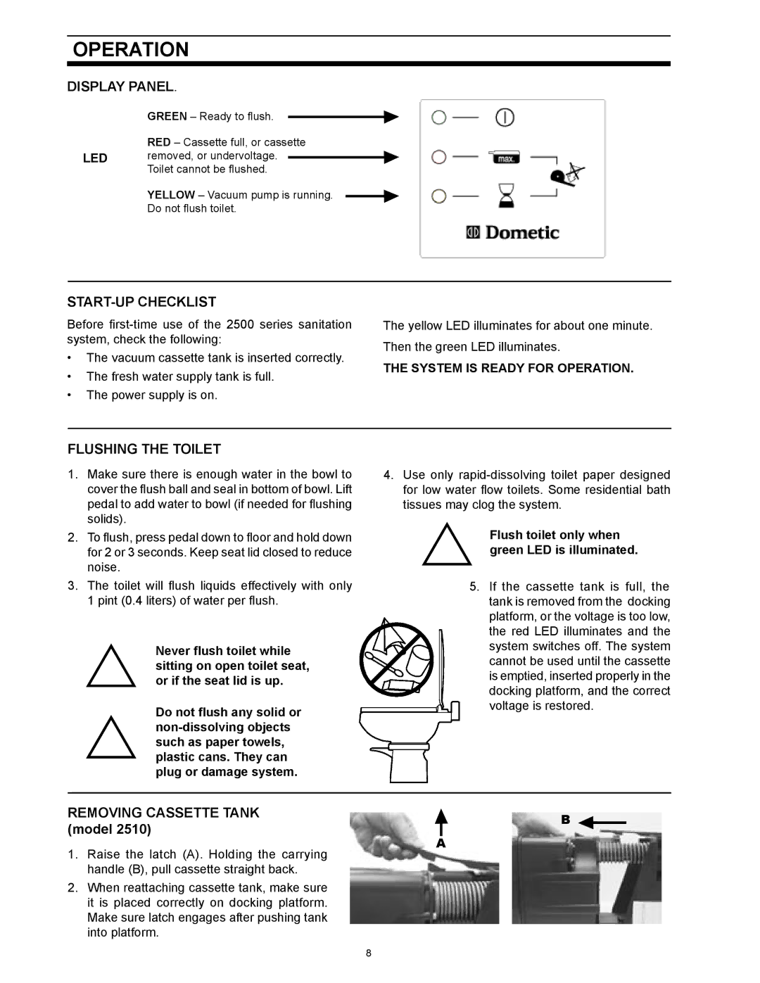 SeaLand 1 2500 Series Operation, Display Panel, START-UP Checklist, Flushing the Toilet, Removing Cassette Tank model 