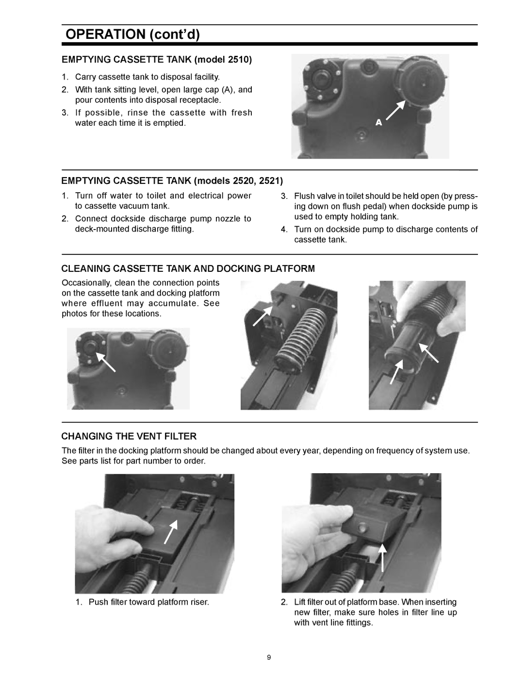 SeaLand 1 2500 Series owner manual Emptying Cassette Tank models 2520, Cleaning Cassette Tank and Docking Platform 