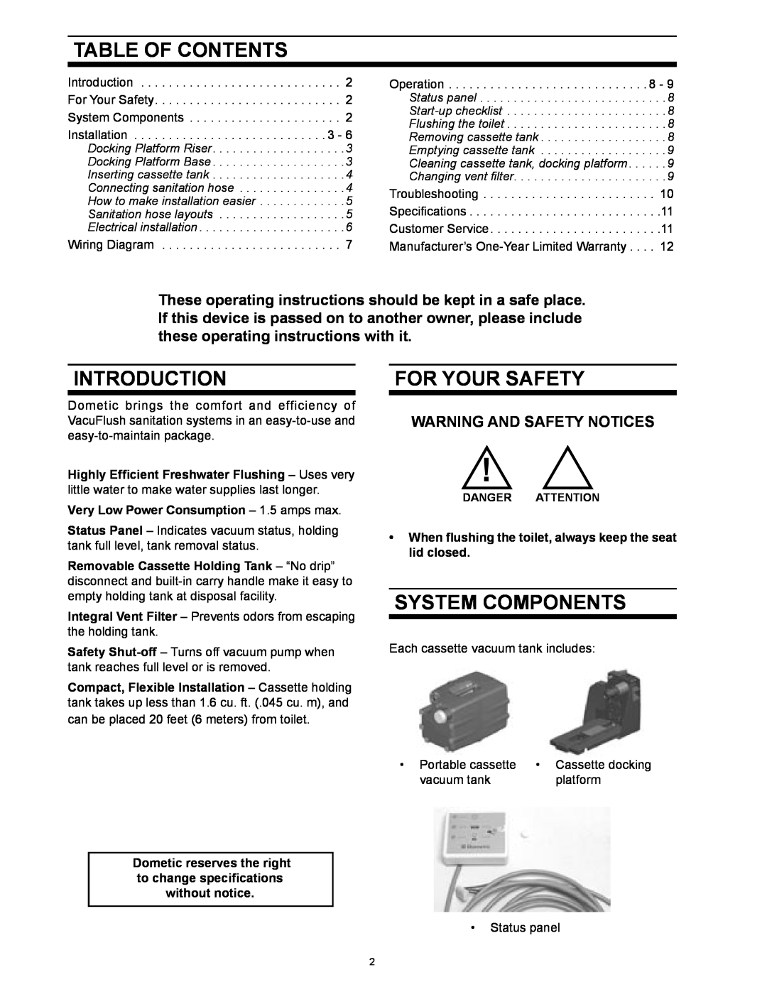 SeaLand 1 2500 Series Table Of Contents, Introduction, For Your Safety, System Components, Warning And Safety Notices 
