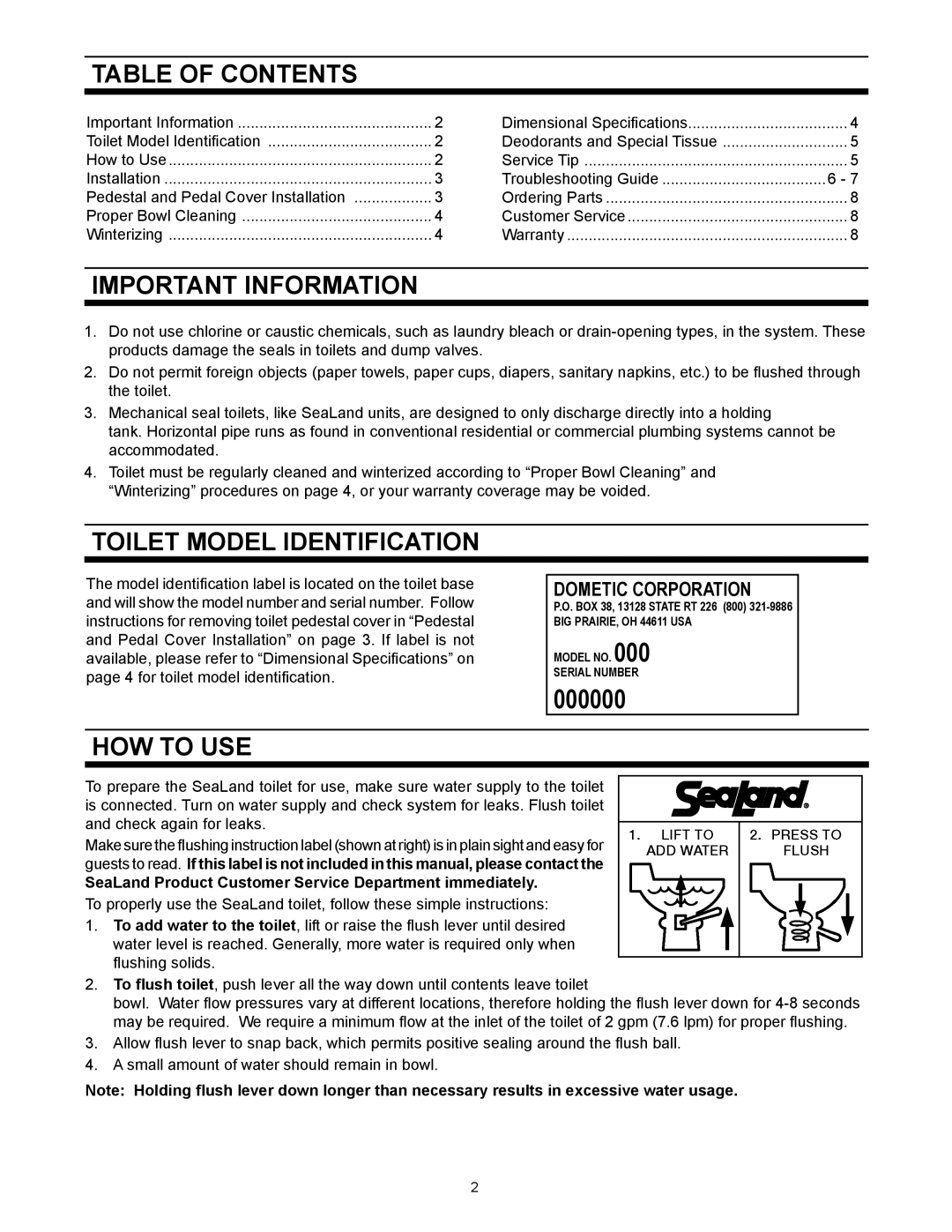 SeaLand 111 owner manual Table of Contents, Important Information, Toilet Model Identification, How to Use 