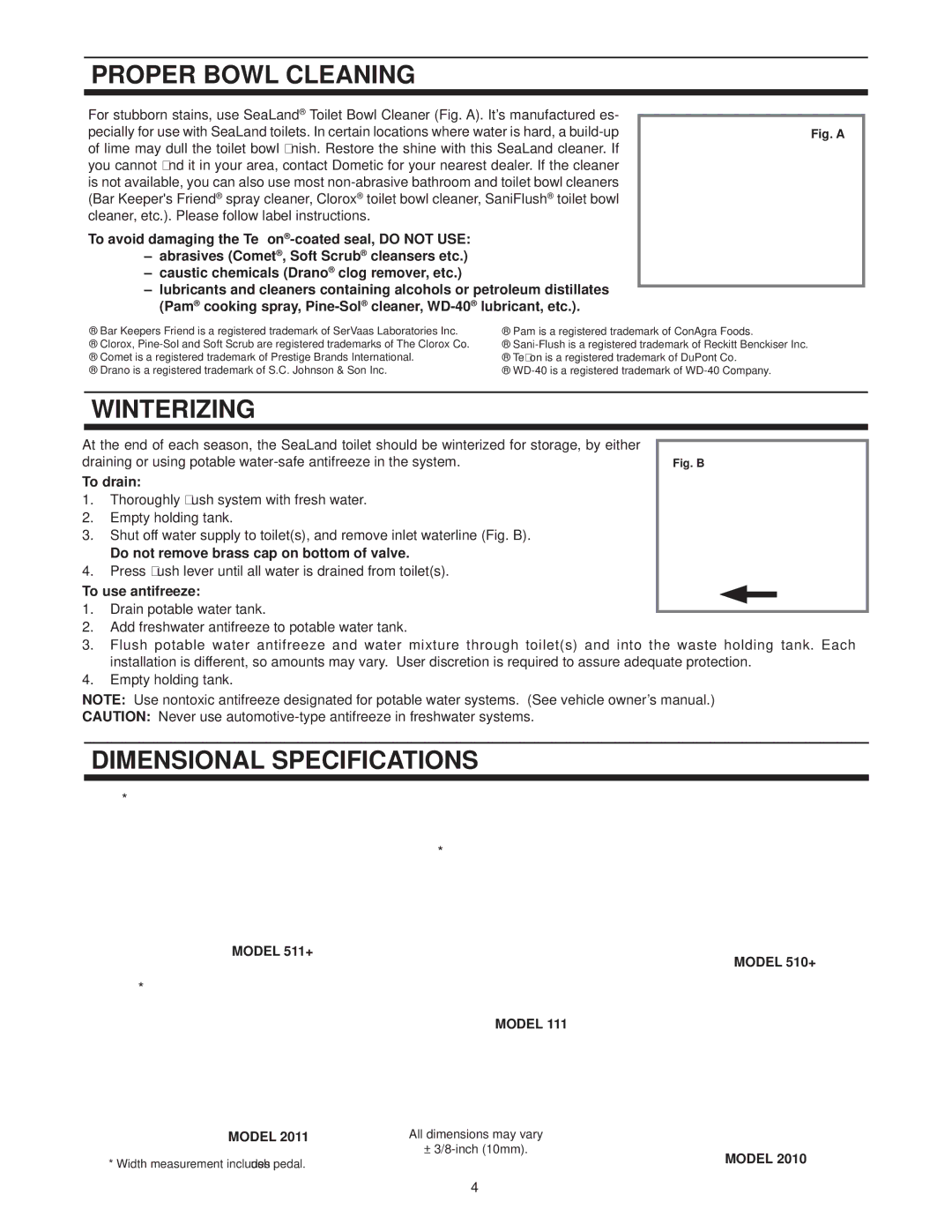 SeaLand 111 owner manual Proper Bowl Cleaning, Winterizing, Dimensional Specifications 