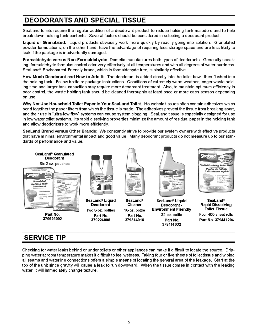 SeaLand 111 owner manual Deodorants and Special Tissue, Service Tip 