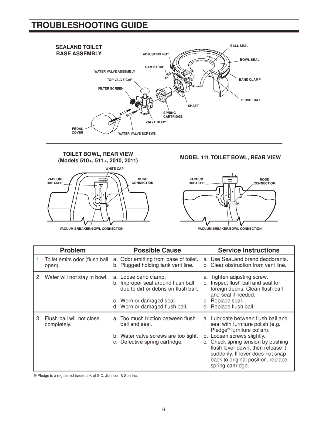 SeaLand 111 owner manual Troubleshooting Guide, Base Assembly 