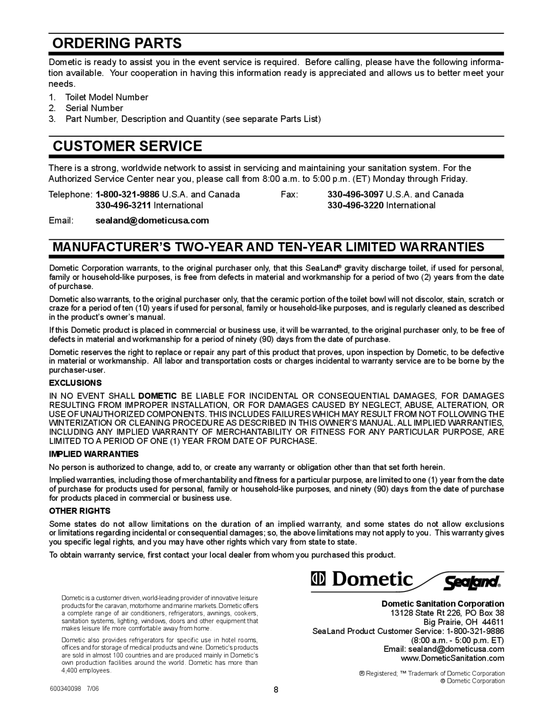 SeaLand 111 owner manual Ordering Parts, International, Sealand@dometicusa.com 