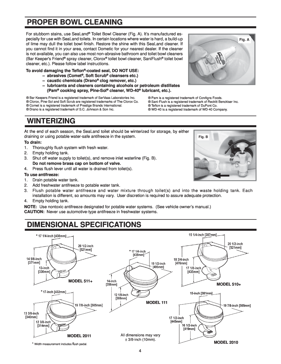 SeaLand 111 Proper Bowl Cleaning, Winterizing, Dimensional Specifications, abrasives Comet, Soft Scrub cleansers etc 