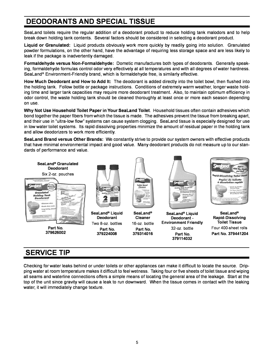 SeaLand 111 owner manual Deodorants and Special Tissue, Service Tip 