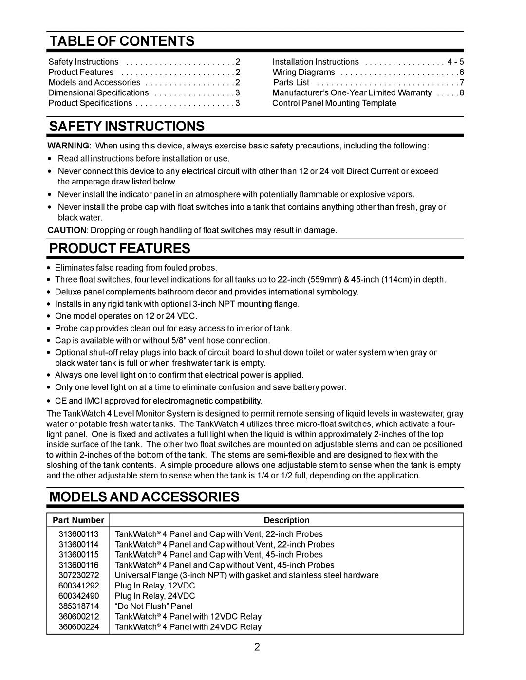 SeaLand 4 owner manual Table of Contents, Safety Instructions, Product Features, Models and Accessories 