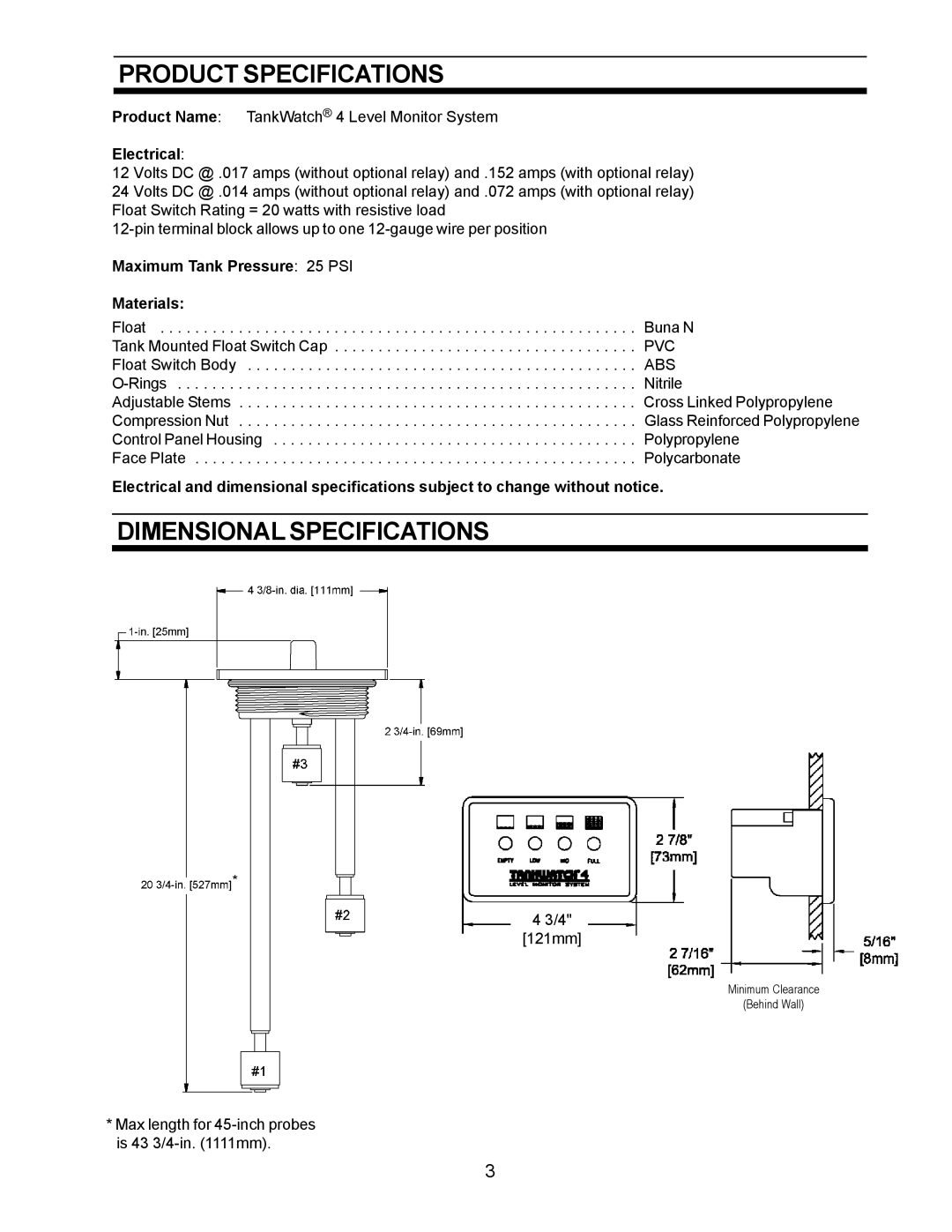 SeaLand 4 Product Specifications, Dimensional Specifications, Electrical, Maximum Tank Pressure 25 PSI Materials 