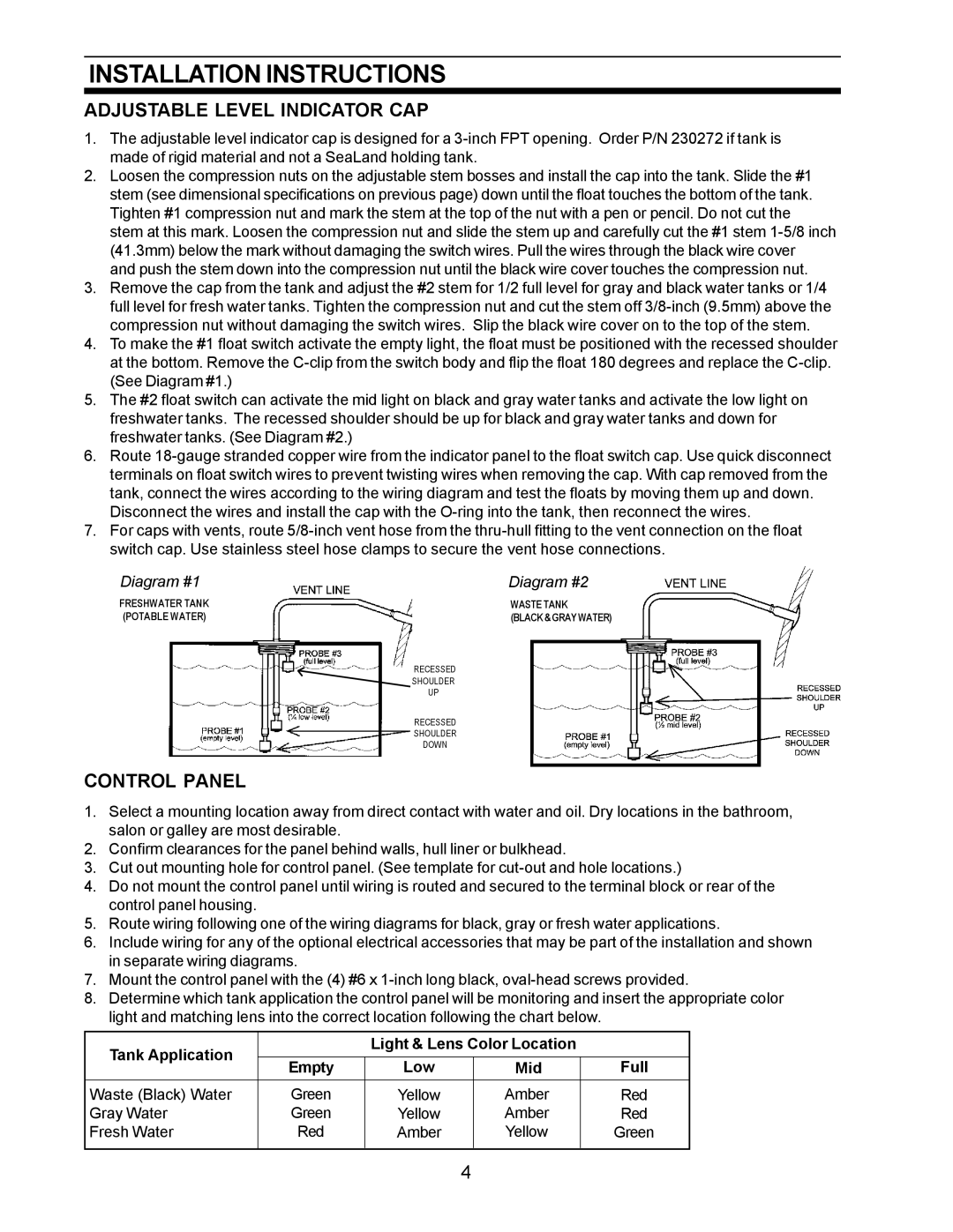 SeaLand 4 owner manual Installation Instructions, Adjustable Level Indicator CAP 