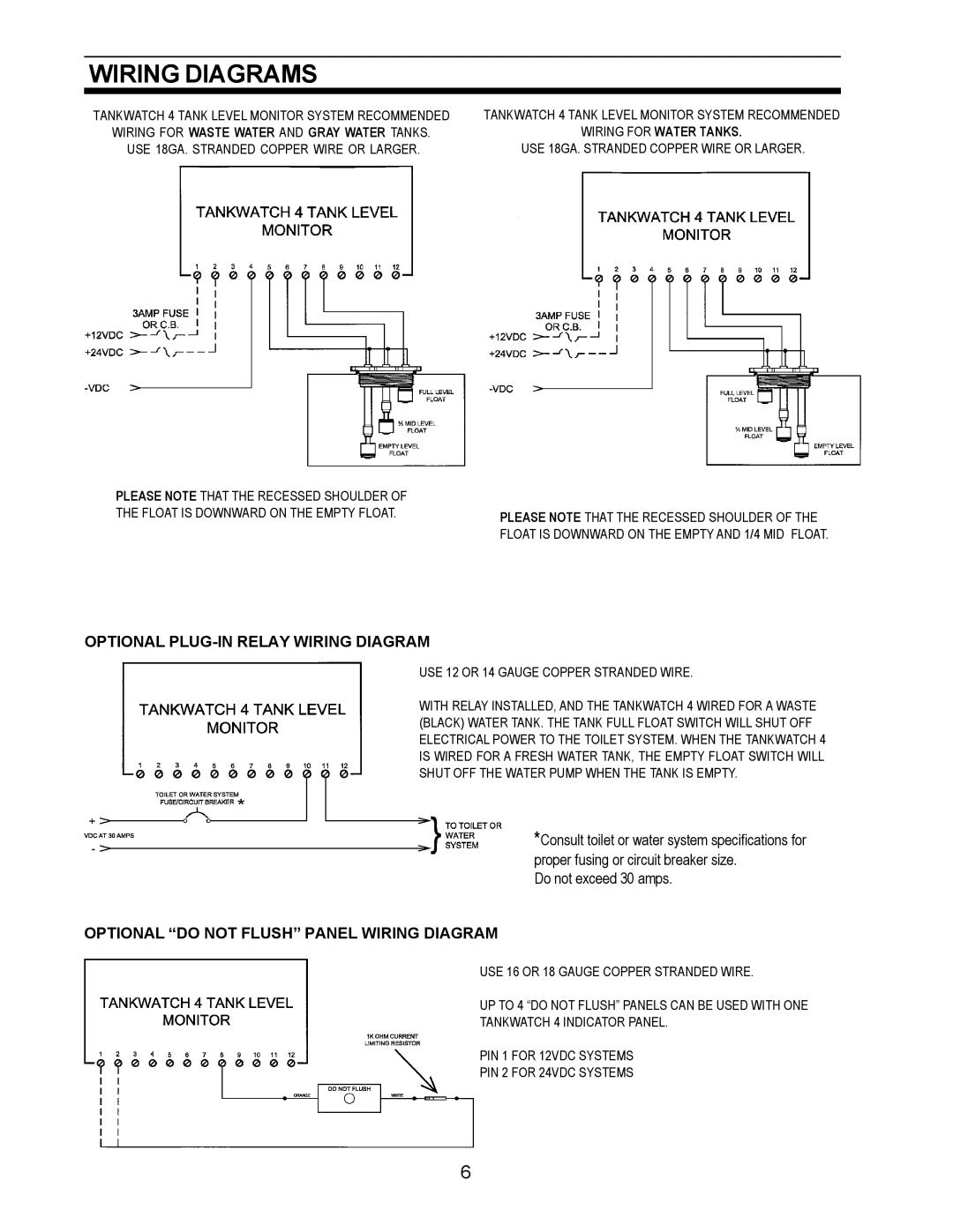 SeaLand 4 owner manual Wiring Diagrams, Wiring for Water Tanks 