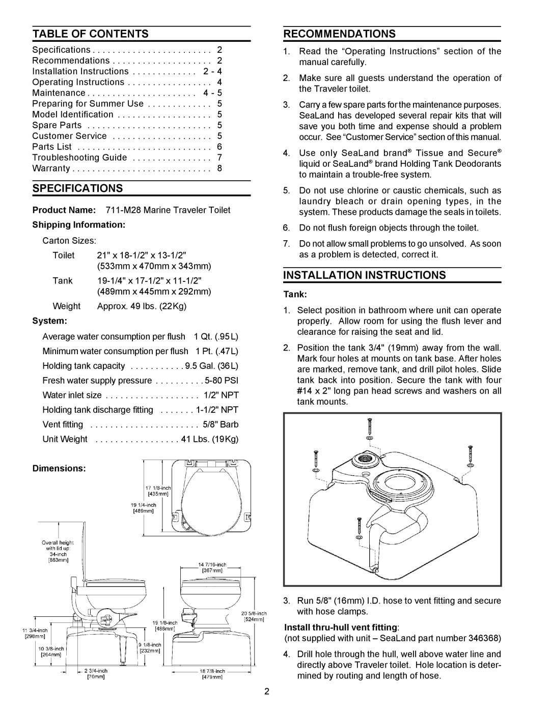 SeaLand 711-M28 owner manual Table of Contents, Specifications, Recommendations, Installation Instructions 