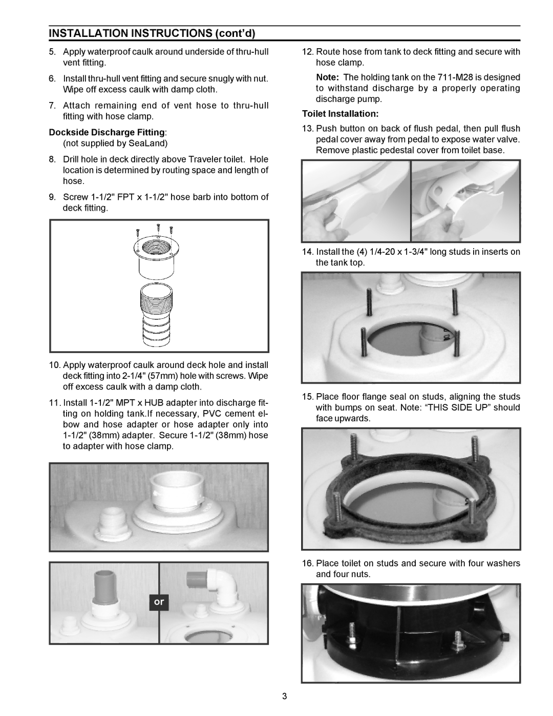 SeaLand 711-M28 owner manual Installation Instructions cont’d, Dockside Discharge Fitting, Toilet Installation 