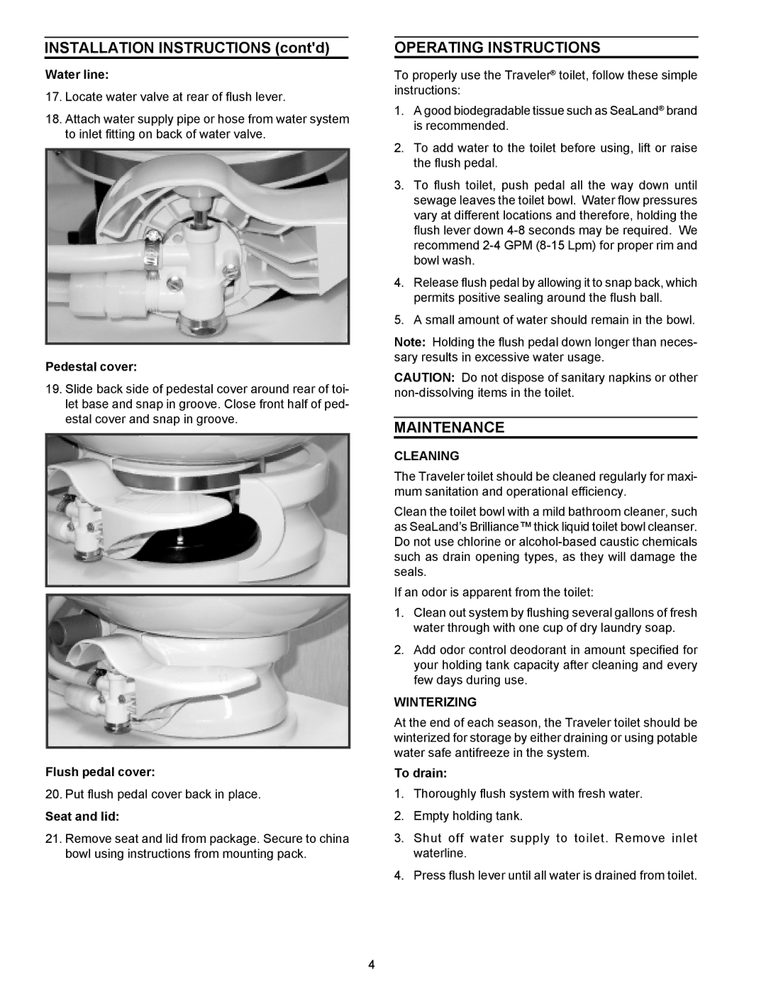 SeaLand 711-M28 owner manual Installation Instructions contd, Operating Instructions, Maintenance, Cleaning, Winterizing 