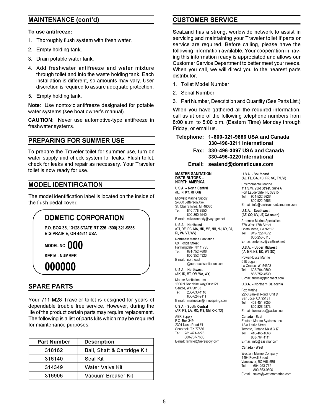 SeaLand 711-M28 Maintenance cont’d, Preparing for Summer USE, Customer Service, Model Identification, Spare Parts 