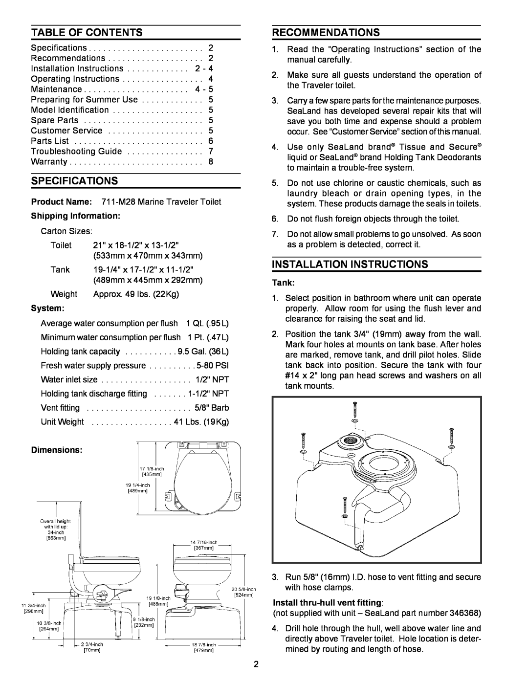 SeaLand 711-M28 Table Of Contents, Specifications, Recommendations, Installation Instructions, Shipping Information, Tank 