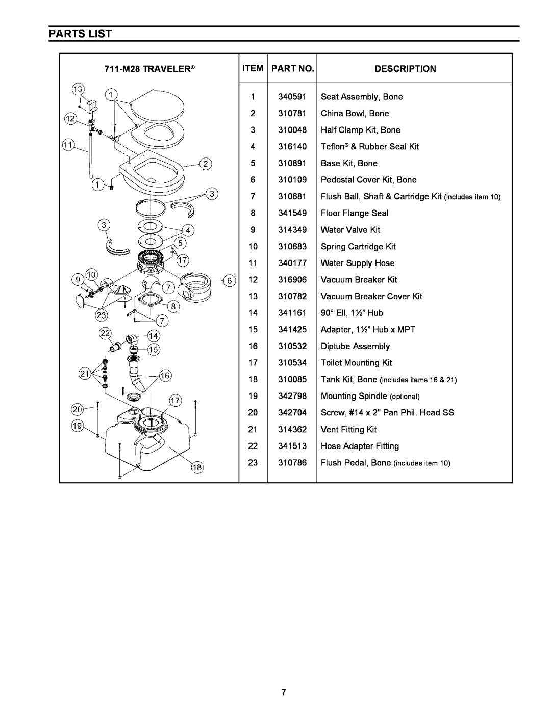 SeaLand owner manual Parts List, 711-M28TRAVELER, Item Part No, Description 