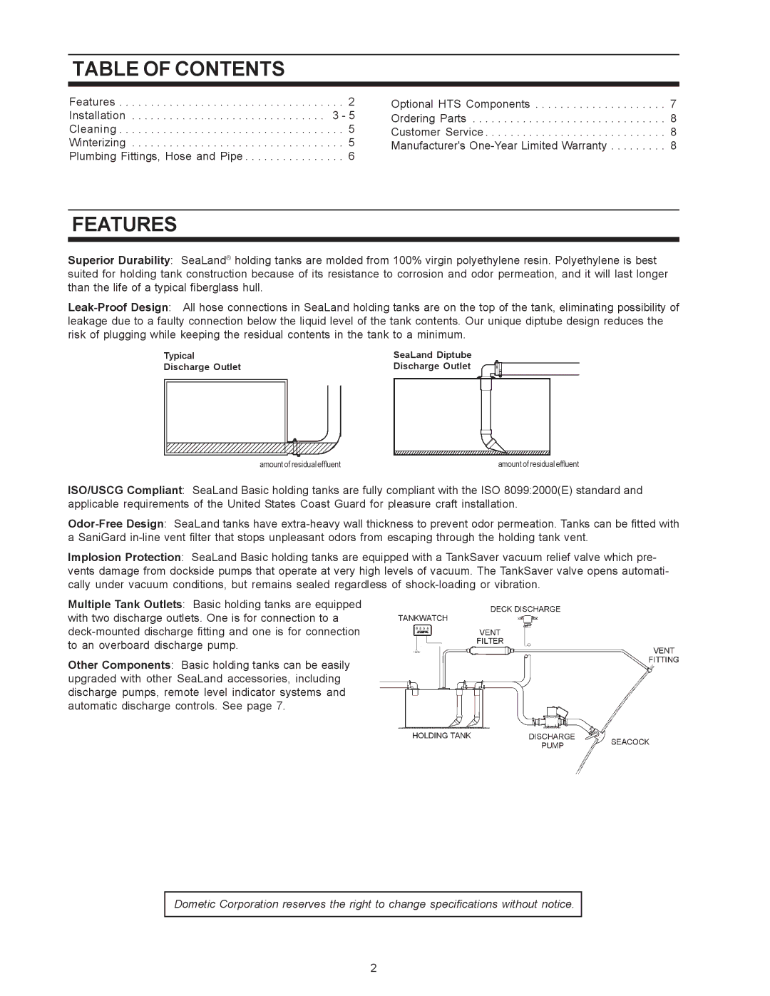 SeaLand BASIC HOLDING TANK SYSTEM owner manual Table of Contents, Features 