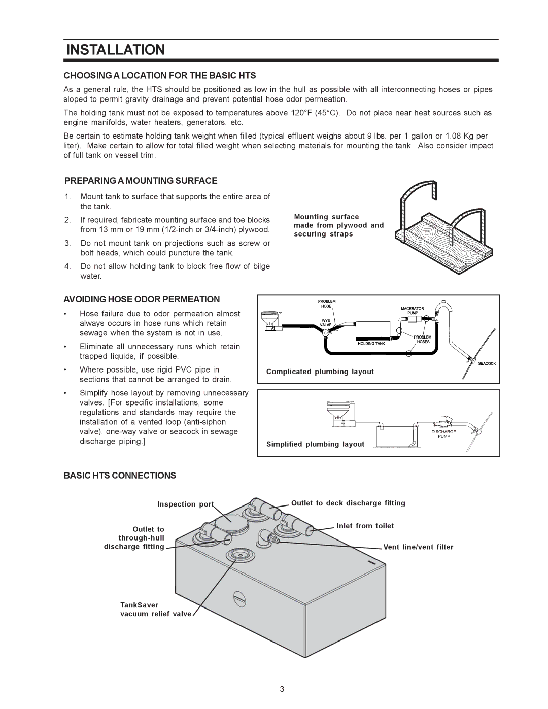 SeaLand BASIC HOLDING TANK SYSTEM Installation, Choosing a Location for the Basic HTS, Preparing a Mounting Surface 