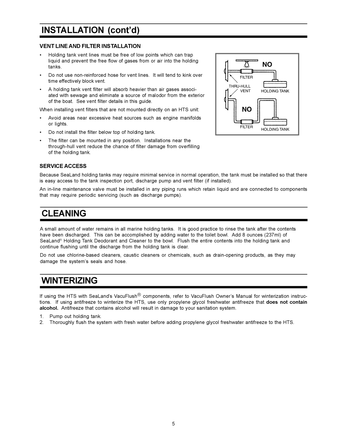 SeaLand BASIC HOLDING TANK SYSTEM owner manual Cleaning, Winterizing 