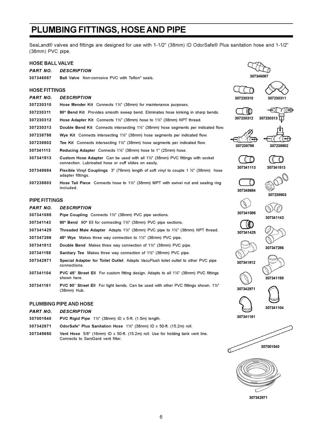 SeaLand BASIC HOLDING TANK SYSTEM owner manual Plumbing FITTINGS, Hose and Pipe, Hose Fittings 