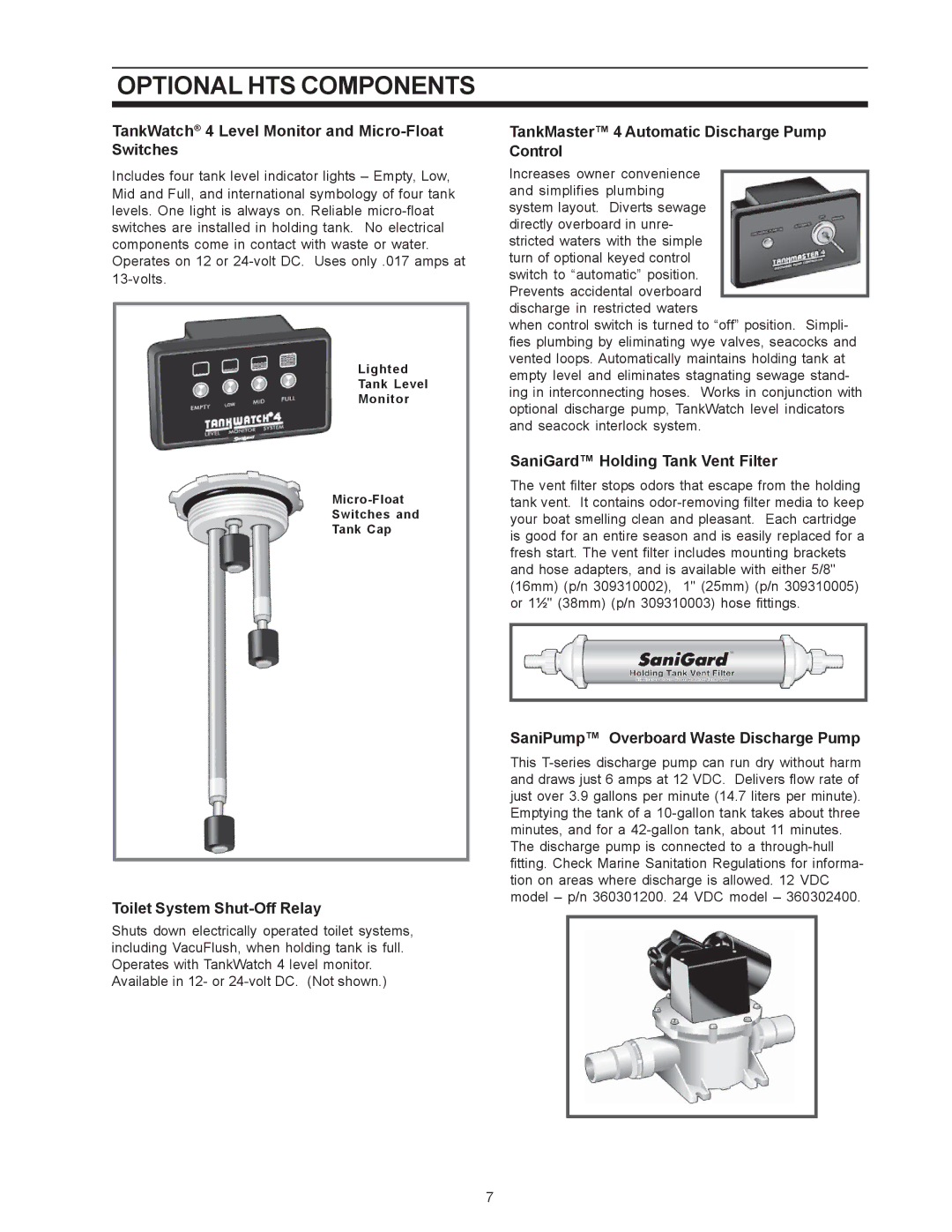 SeaLand BASIC HOLDING TANK SYSTEM owner manual Optional HTS Components 