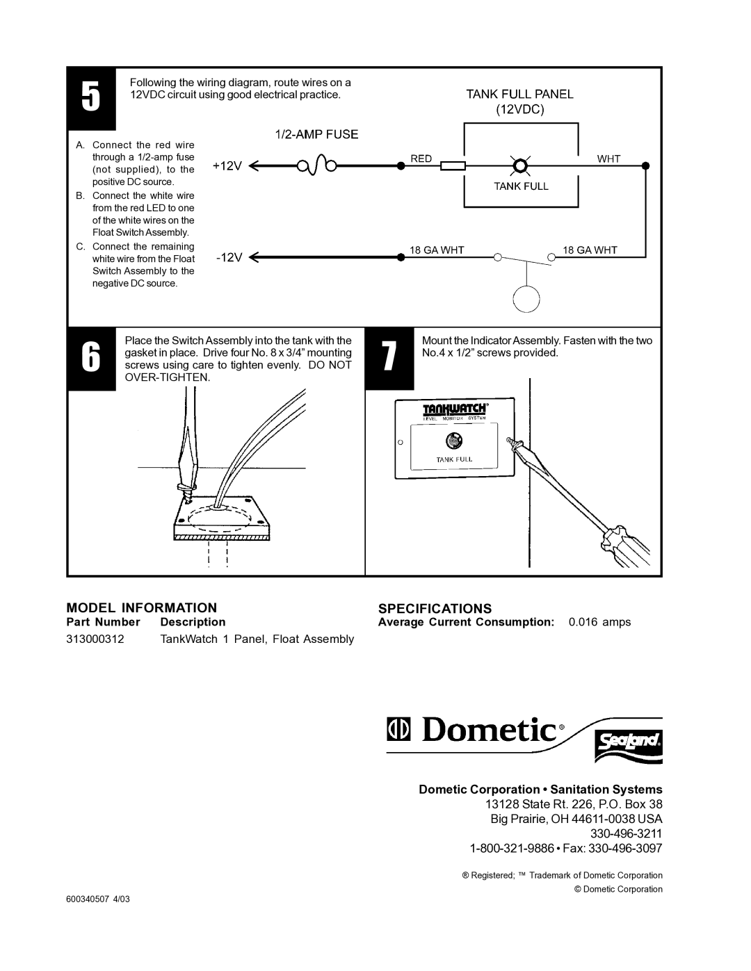 SeaLand TankWatch Level Monitor System installation instructions Model Information Specifications 