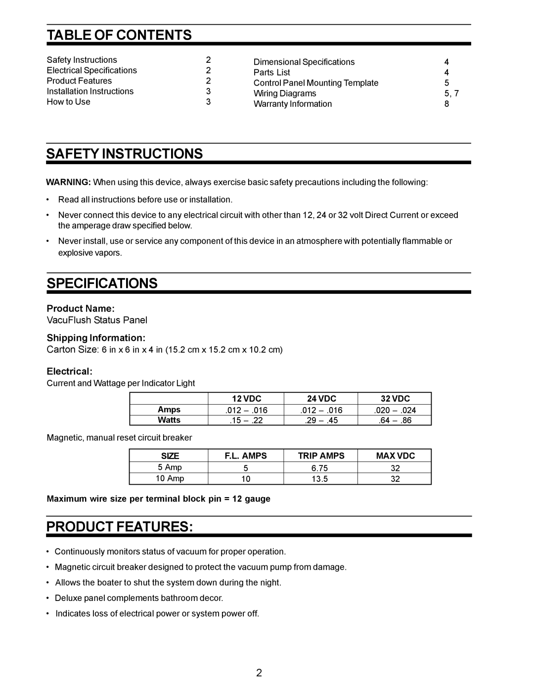 SeaLand VACUFLUSH manual Table of Contents, Safety Instructions, Specifications, Product Features 