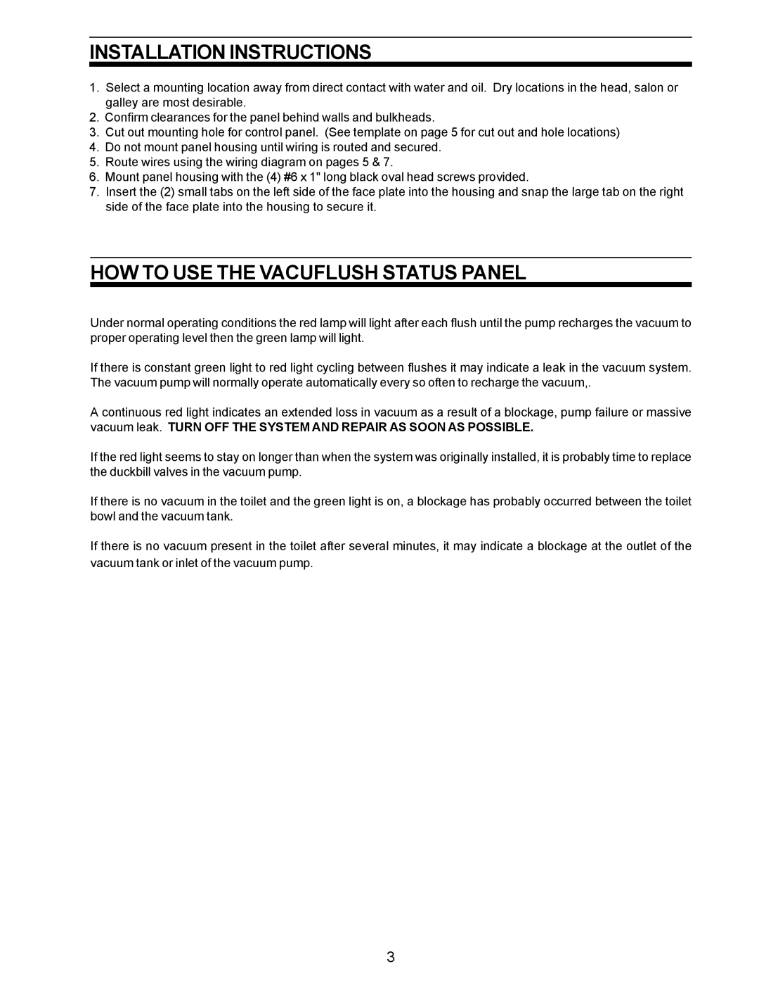 SeaLand VACUFLUSH manual Installation Instructions, HOW to USE the Vacuflush Status Panel 