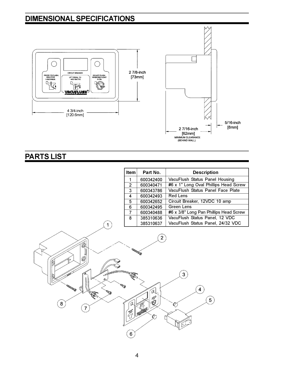 SeaLand VACUFLUSH manual Dimensional Specifications Parts List, Description 