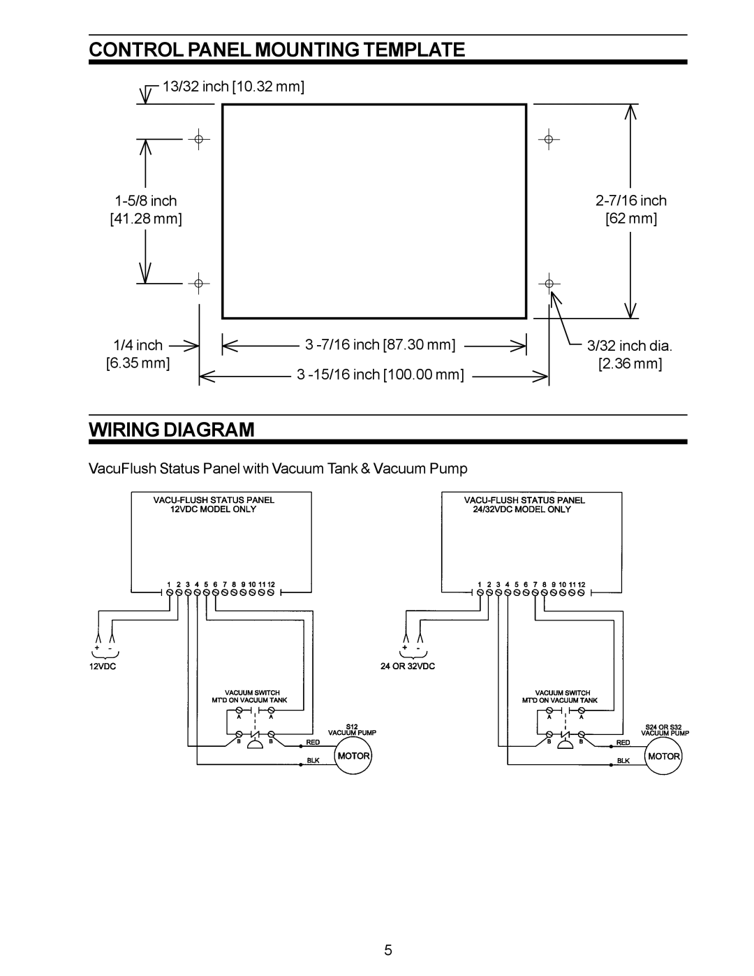 SeaLand VACUFLUSH manual Control Panel Mounting Template, Wiring Diagram 