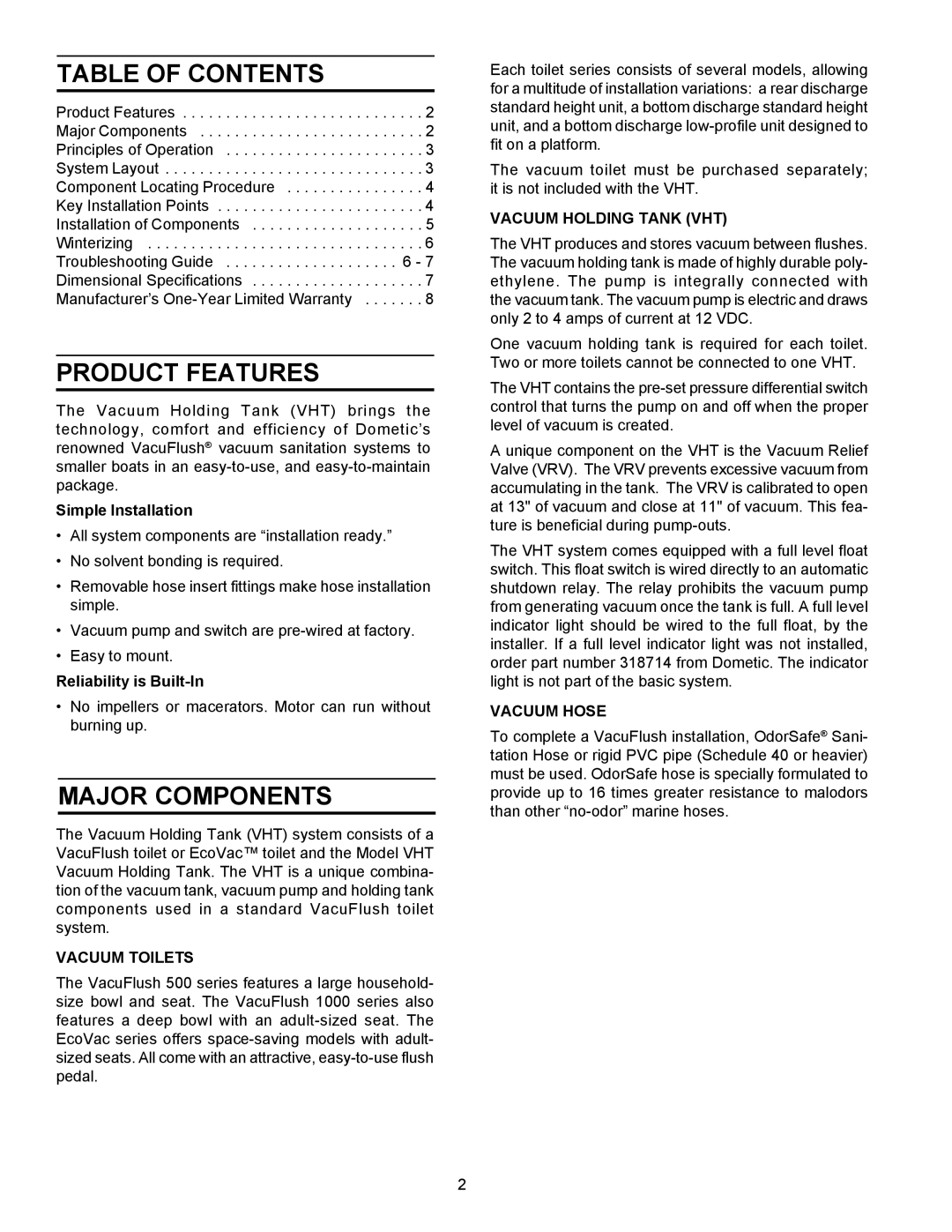 SeaLand VACUUM HOLDING TANK owner manual Table of Contents, Product Features, Major Components 