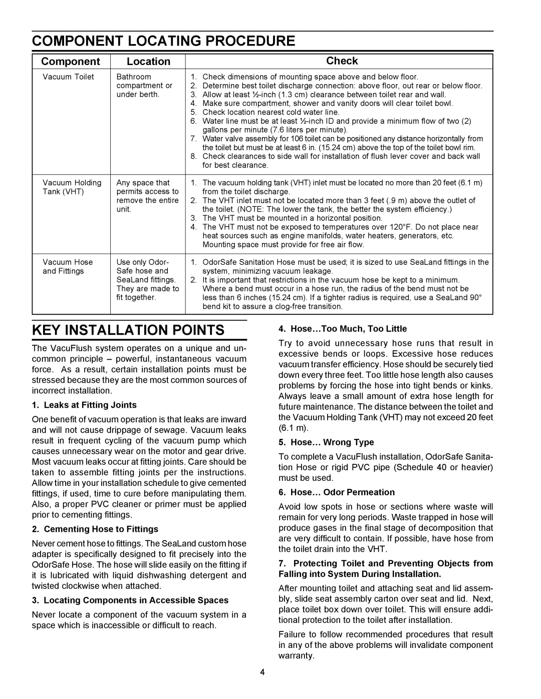 SeaLand VACUUM HOLDING TANK owner manual Component Locating Procedure, KEY Installation Points, Component Location Check 