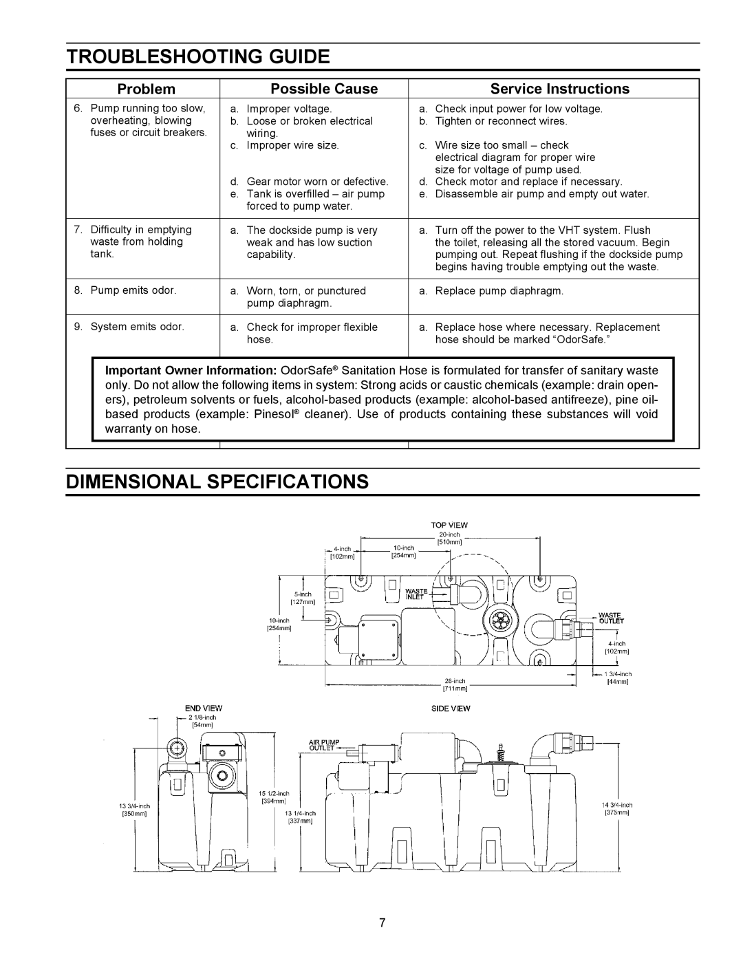 SeaLand VACUUM HOLDING TANK owner manual Dimensional Specifications 