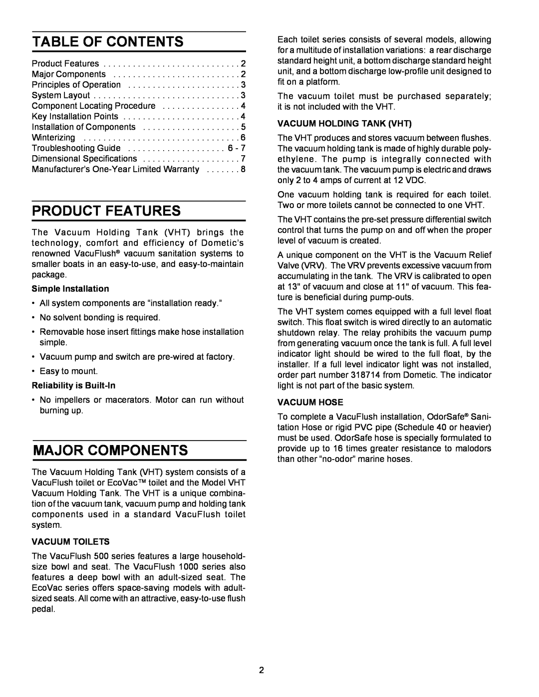 SeaLand VACUUM HOLDING TANK Table Of Contents, Product Features, Major Components, Simple Installation, Vacuum Toilets 