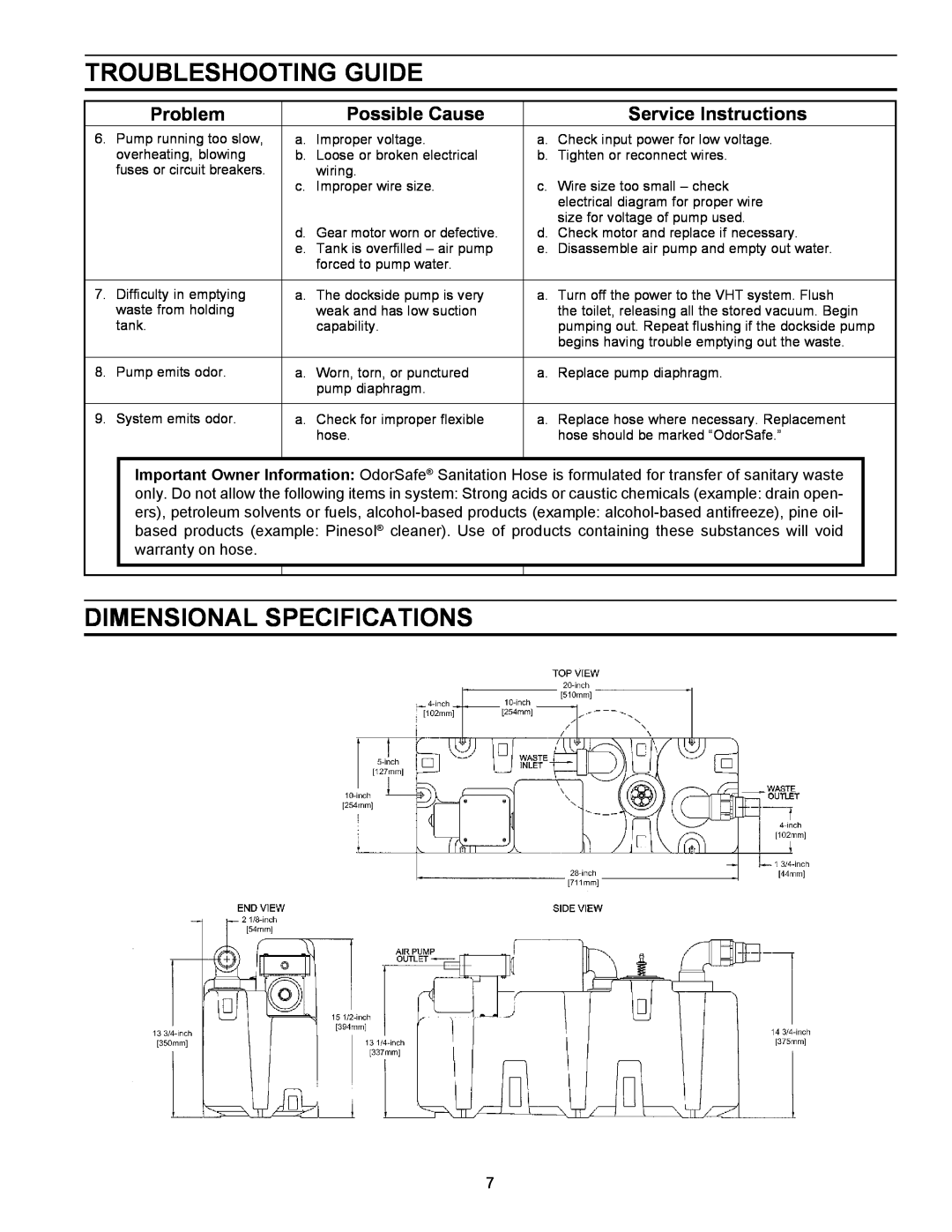 SeaLand VACUUM HOLDING TANK owner manual Dimensional Specifications, Troubleshooting Guide, Problem, Possible Cause 