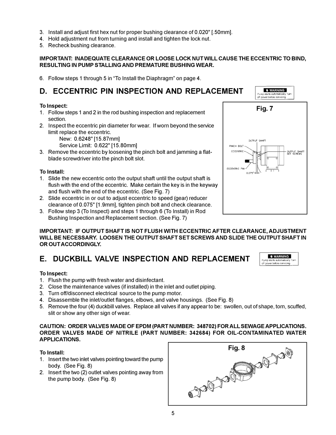 SeaLand Vacuum Pump owner manual Eccentric PIN Inspection and Replacement, Duckbill Valve Inspection and Replacement 