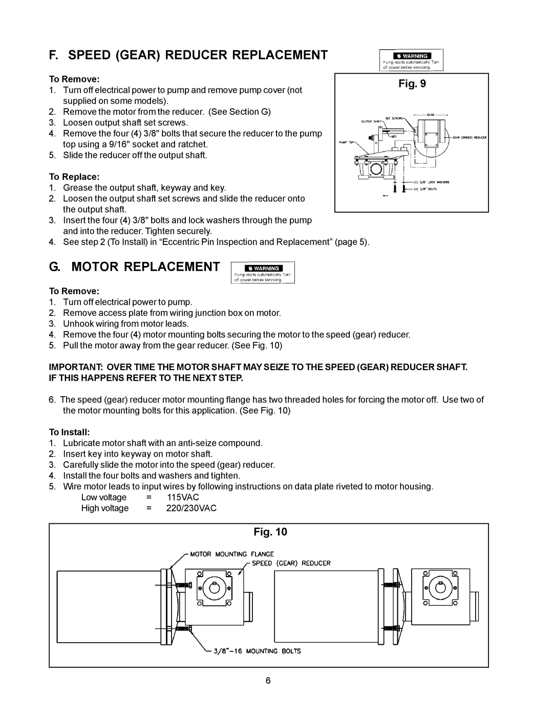 SeaLand Vacuum Pump owner manual Speed Gear Reducer Replacement, Motor Replacement, To Remove, To Replace 