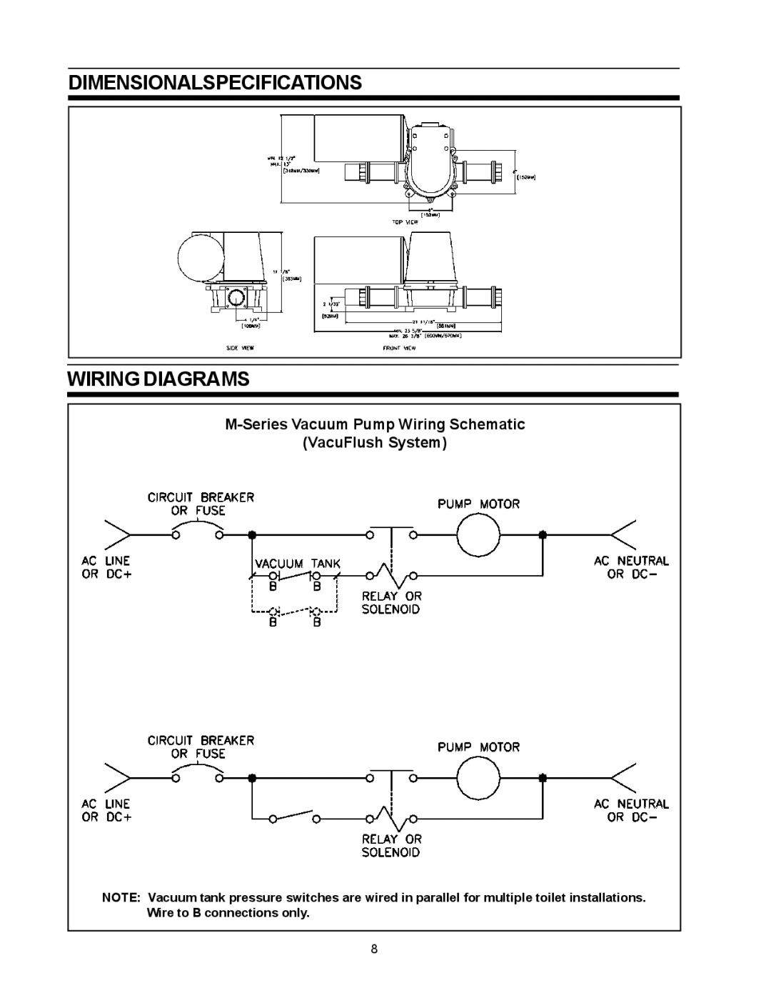 SeaLand owner manual Dimensionalspecifications Wiring Diagrams, Series Vacuum Pump Wiring Schematic VacuFlush System 